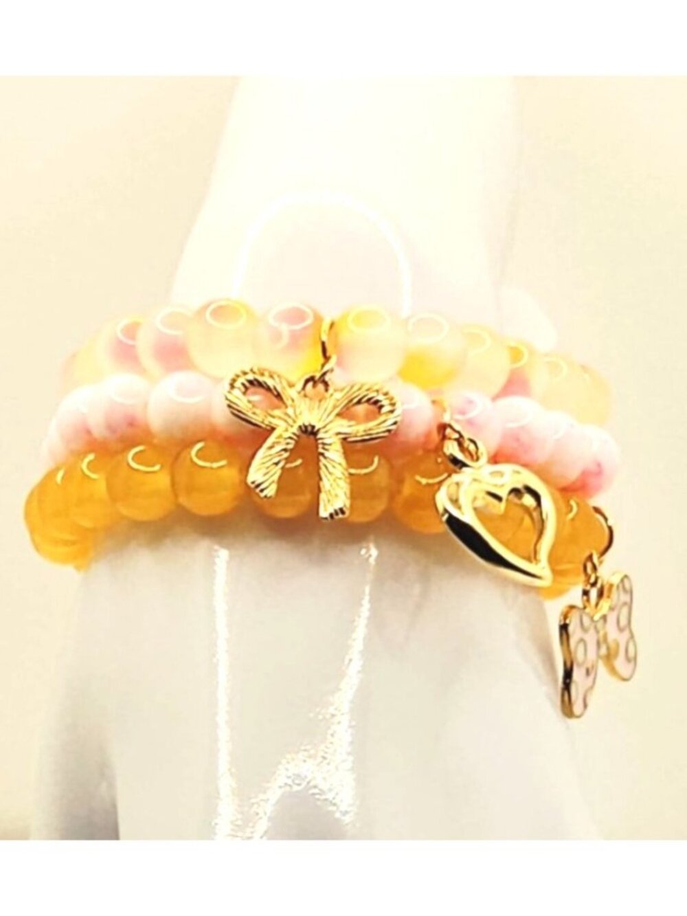 Pink Bow Bracelet Stack, Coquette Beaded Bracelet Set, Girly Heart Charm Jewelry